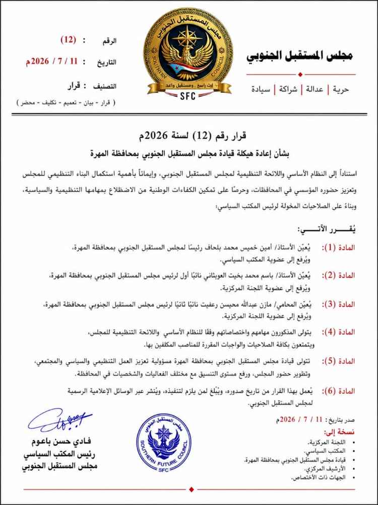 مجلس المستقبل الجنوبي يعيد هيكلة قيادته في المهرة ويعزز تمثيلها في هيئاته العليا...في إطار استكمال البناء المؤسسي.