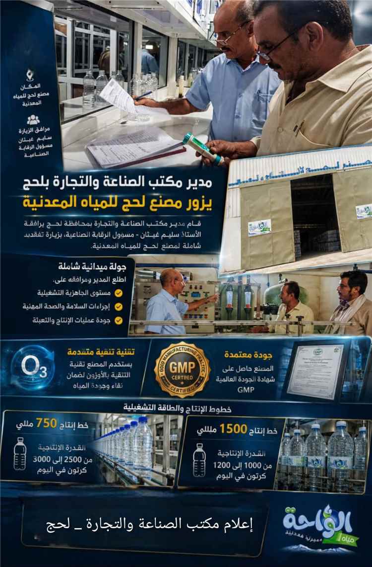 مدير عام مكتب الصناعة والتجارة بلحج يتفقد مصنع لحج للمياه المعدنية ويؤكد دعم الاستثمار وتعزيز جودة الصناعات الوطنية