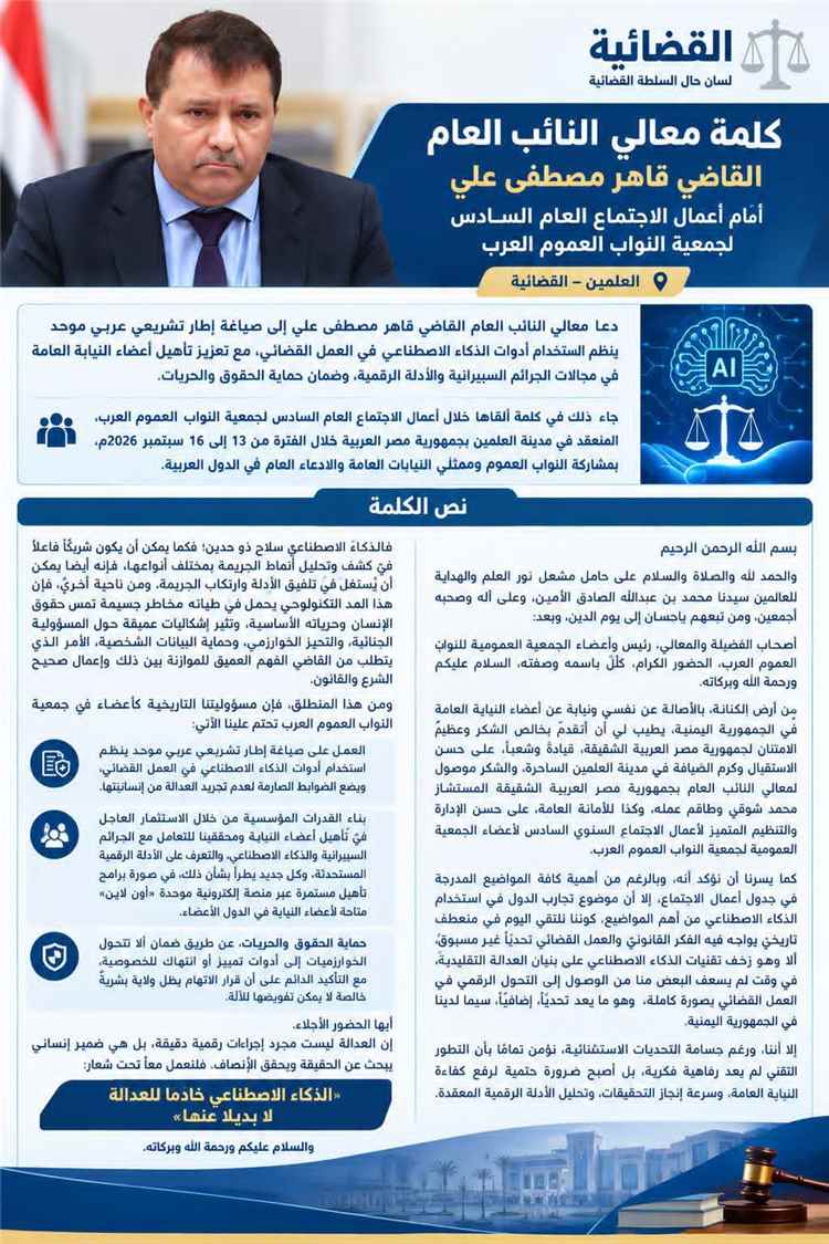 النائب العام القاضي قاهر مصطفى يدعو الى صياغة إطار تشريعي عربي موحد ينظم استخدام أدوات الذكاء الاصطناعي في العمل القضائي.