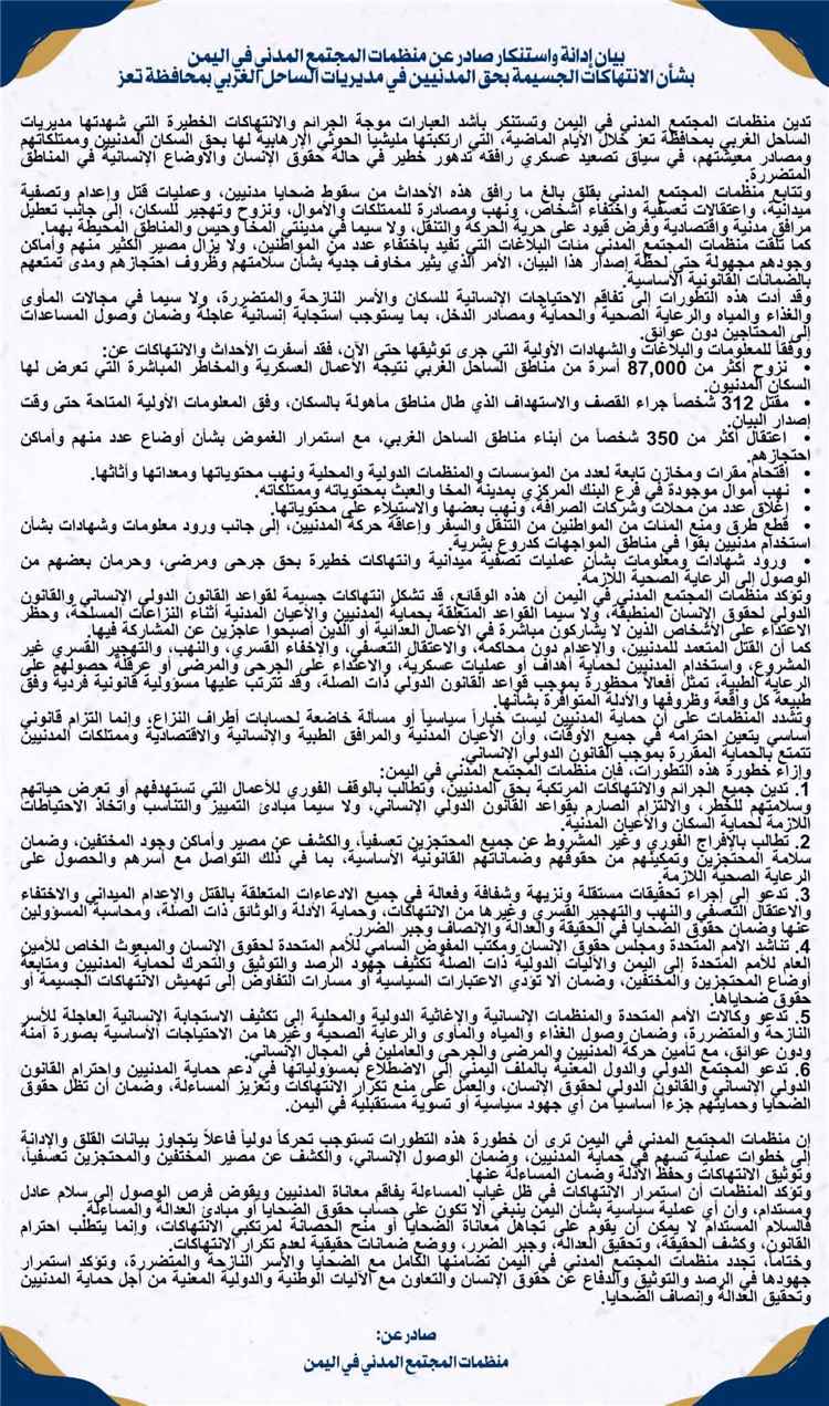 بيان إدانة واستنكار صادر عن منظمات المجتمع المدني في اليمن..بشأن الانتهاكات الجسيمة في الساحل الغربي بمحافظة تعز